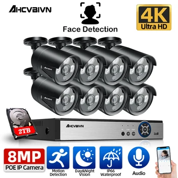 8Channel 4K POE NVR CCTV Saugumo kamerų Sistema Žmogaus Veido Atpažinimo Lauko 8MP Garso IP Kameros P2P Vaizdo Stebėjimo Komplektas